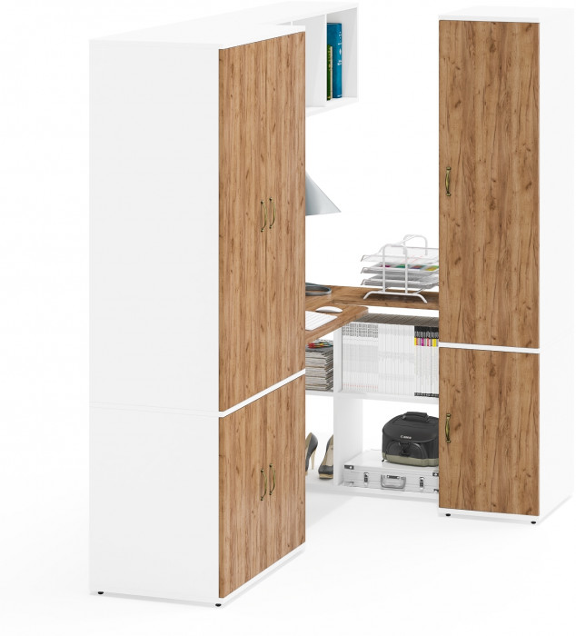 Лидер-8 Шкаф МД 19Б + Стол + Пенал 23Б, цвет белый шагрень/крафт золото, ШхГхВ 285х50/37,5х75/190 или 195х120х75/190 см., НЕ ун.сб.