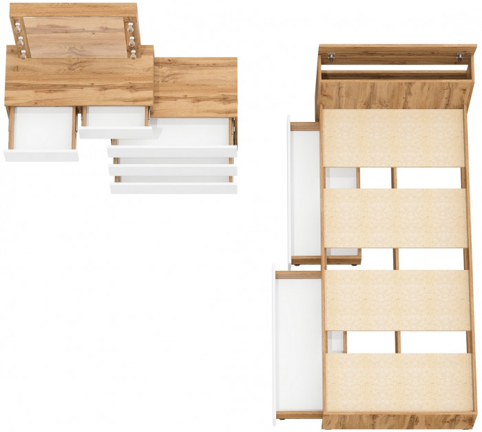 Ксения Кровать с ящиками 0900 + Стол косметический с подсветкой 110, дуб вотан/белый