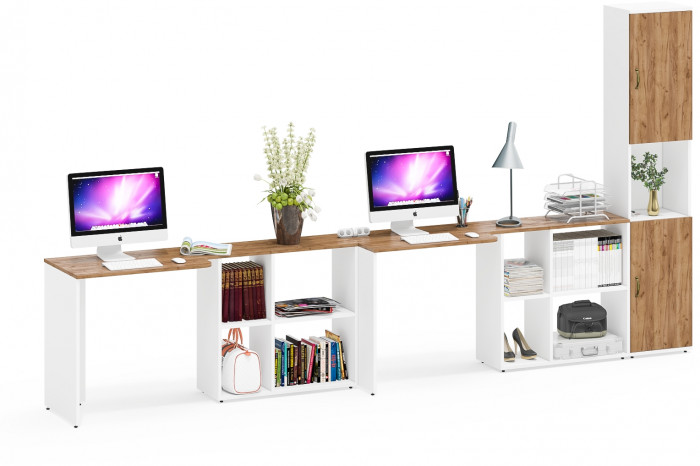 Лидер-8 Стол + Стол + Пенал, цвет белый шагрень/крафт золото, ШхГхВ 370х50/30х75/190 см. или 230х50/120х75/190 см., НЕ универсальная сборка