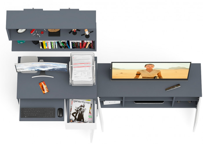 Мори Стол компьютерный МС-1 правый + Тумба МТВ1200.1 + Полка 900, цвет графит/белый, ШхГхВ 210,4х50х209,6 см., НЕ универсальная сборка