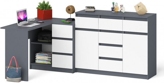 Мори Стол компьютерный МС-16 правый + Комод МК1200.4, цвет графит/белый, ШхГхВ 244,8х84,9х94 см., выдвижные ящики справа, НЕ универсальная сборка