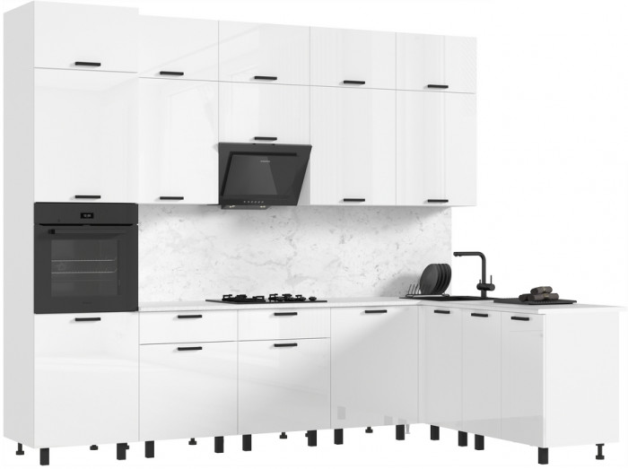 Кухня Техно 3,0х1,8/1080м Компоновка №6, Белый/Белый глянец