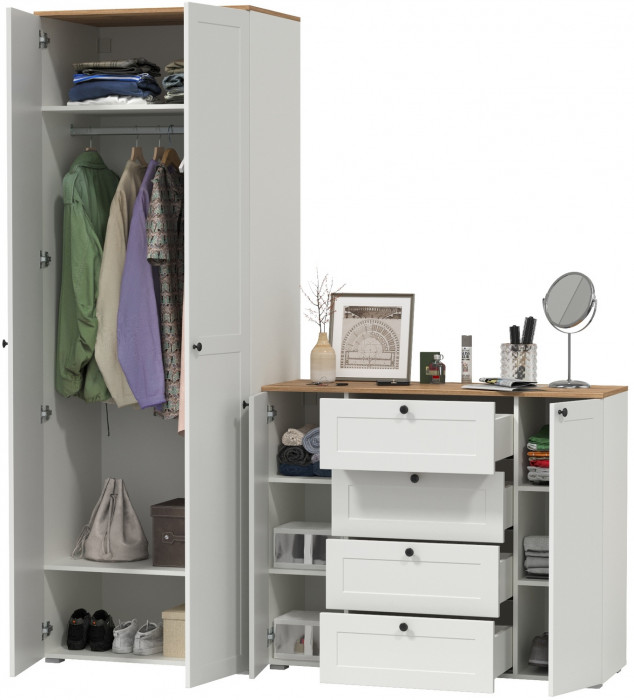 Остин Прихожая 04, белый шагрень/дуб крафт золотой