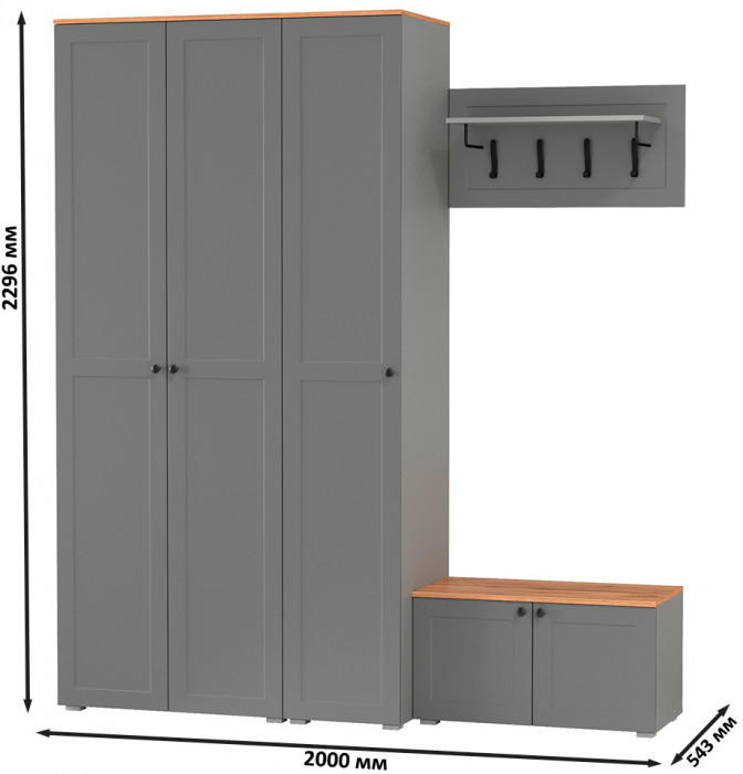 Остин Прихожая 43, цвет серый графит/дуб крафт золотой, ШхГхВ 200х54,3х229,6 см., универсальная сборка