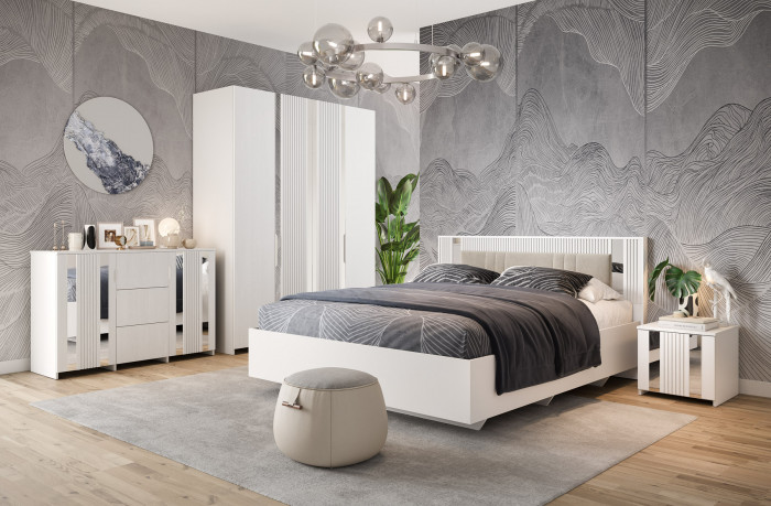 Кровать 140х200 "Харди" с подъемным механизмом - Белый текстурный/Ясень белый (зеркальн. вставки)