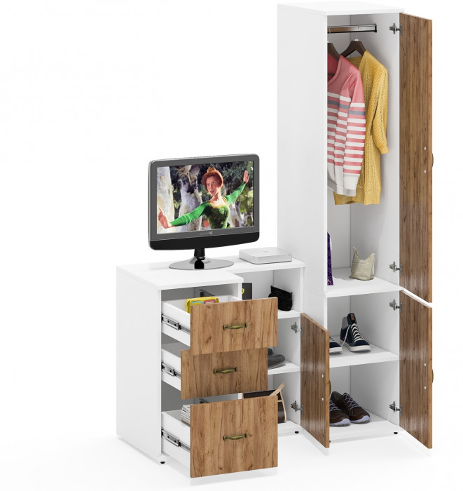 Лидер-8 Пенал МД 23Б + Тумба МД 3.16 + Тумба МД 3.19, цвет белый шагрень/крафт золото, ШхГхВ 120х50х190 см., универсальная сборка