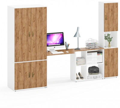 Лидер-8 Шкаф МД 19Б + Стол + Пенал, цвет белый шагрень/крафт золото, ШхГхВ 285х50/37,5х75/190 или 195х120х75/190 см., НЕ универсальная сборка