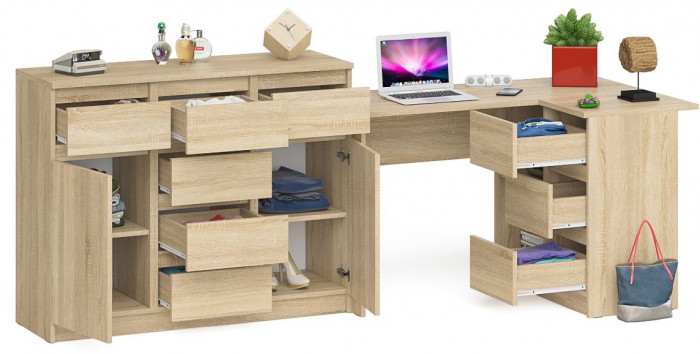 Мори Стол компьютерный МС-16 правый + Комод МК1200.4, цвет дуб сонома, ШхГхВ 244,8х84,9х94 см., выдвижные ящики справа, НЕ универсальная сборка