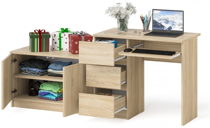 Мори Стол компьютерный МС-6 левый + Тумба МА900.1, цвет дуб сонома, ШхГхВ 180,4х50,4х76,6 см., выдвижные ящики слева, НЕ универсальная сборка