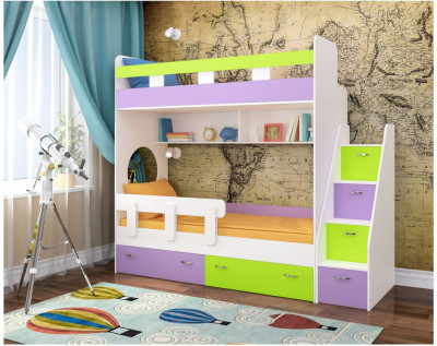 Двухъярусная кровать Юниор 1 + бортик Юниор (Белое дерево/Лайм / Ирис)