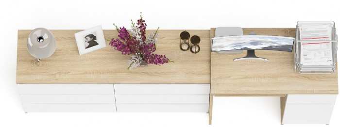 Мори Стол компьютерный МС-1 правый + Комод МК1380.6, цвет дуб сонома/белый, ШхГхВ 228х50х76,6 см., выдвижной ящик справа, НЕ универсальная сборка