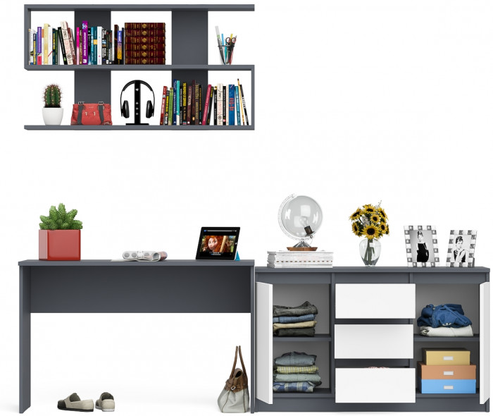 Мори Стол письменный МСП1200.1 + Комод МК1200.3 + Полка 1200, цвет графит/белый, ШхГхВ 240,8х50х209,6 см., универсальная сборка