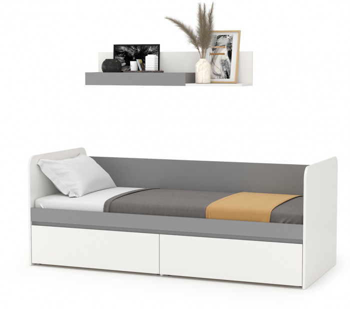 Торонто 11.39 Кровать + 16.475 Полка, цвет белый шагрень/стальной серый, ШхГхВ 194х84,4х150 см., сп. м. 800х1900 мм., б/м, основание есть