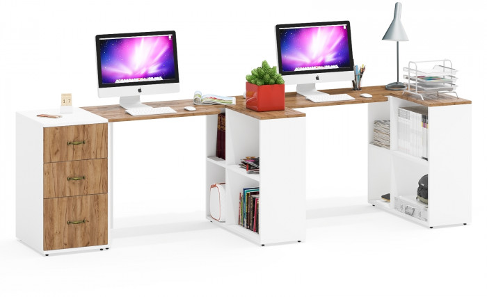 Лидер-8 Стол + Стол + Тумба МД 3.16, цвет белый шагрень/крафт золото, ШхГхВ 370х50/30х75 см. или 230х50/120х75 см., НЕ универсальная сборка