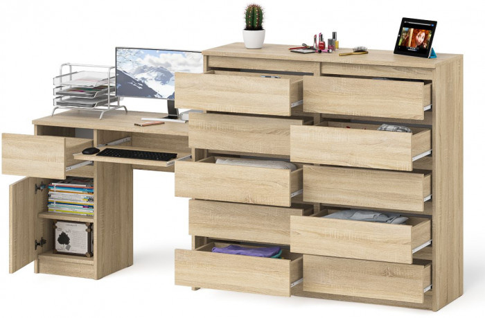 Мори компьютерный стол МС-1 левый + Комод МК1200.10, дуб сонома