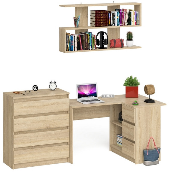 Мори компьютерный стол МС-16 правый + Комод МК800.4 + Полка 1200, дуб сонома