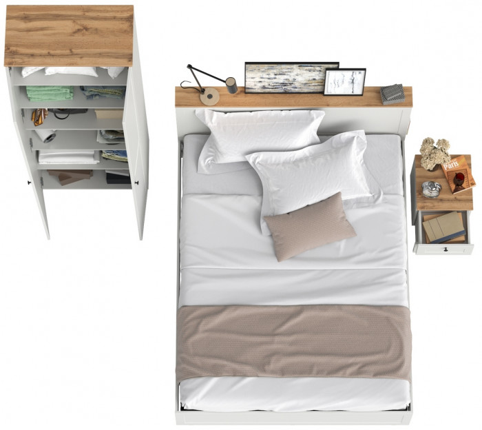 Остин 11.53 Кровать + ортопед + 16.307 Шкаф + 16.152 Тумба прикроватная, белый шагрень/дуб крафт золотой