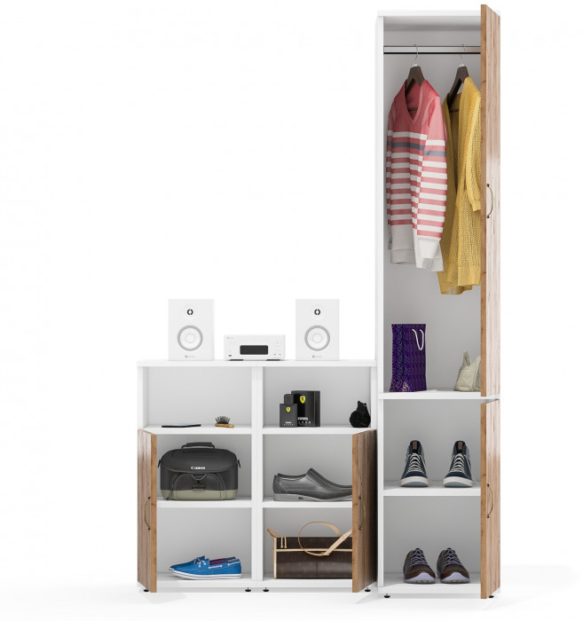 Лидер-8 Пенал МД 23Б + Тумба МД 3.19 + Тумба МД 3.19, цвет белый шагрень/крафт золото, ШхГхВ 120х50х190 см., универсальная сборка