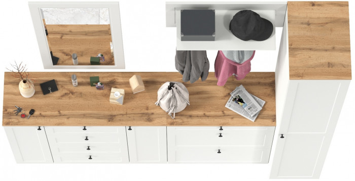 Остин Прихожая 57, цвет белый шагрень/дуб крафт золотой, ШхГхВ 240х54,3х229,6 см., универсальная сборка