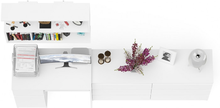 Мори Стол компьютерный МС-1 левый + Комод МК1380.6 + Полка 900, цвет белый, ШхГхВ 228х50х209,6 см., НЕ универсальная сборка