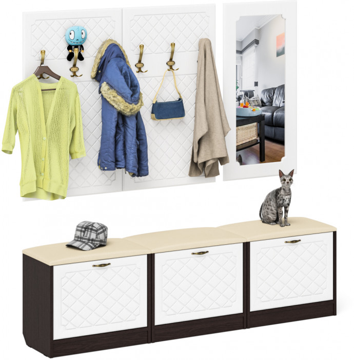 Прихожая П-6 Компоновка № 03, цвет венге/фасады МДФ белое дерево фрезеровка ромб, ШхГхВ 180х35х200 см., универсальная сборка