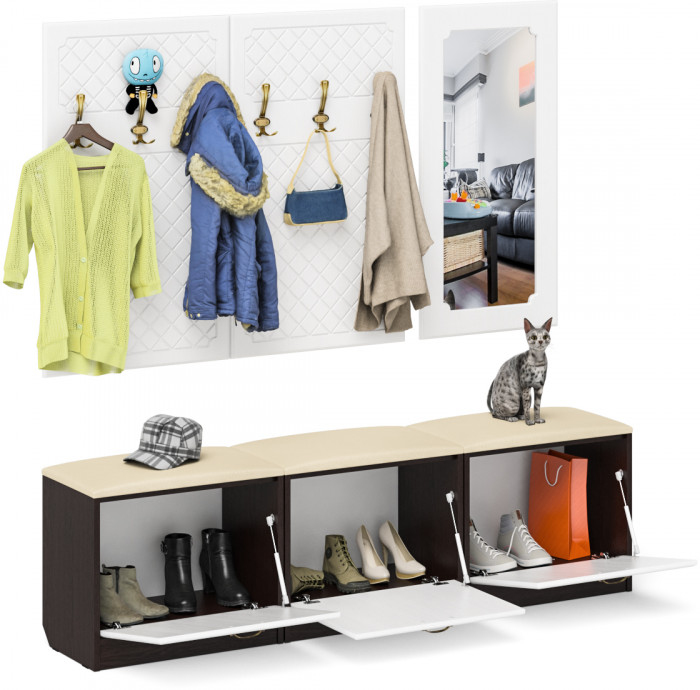 Прихожая П-6 Компоновка № 03, цвет венге/фасады МДФ белое дерево фрезеровка ромб, ШхГхВ 180х35х200 см., универсальная сборка