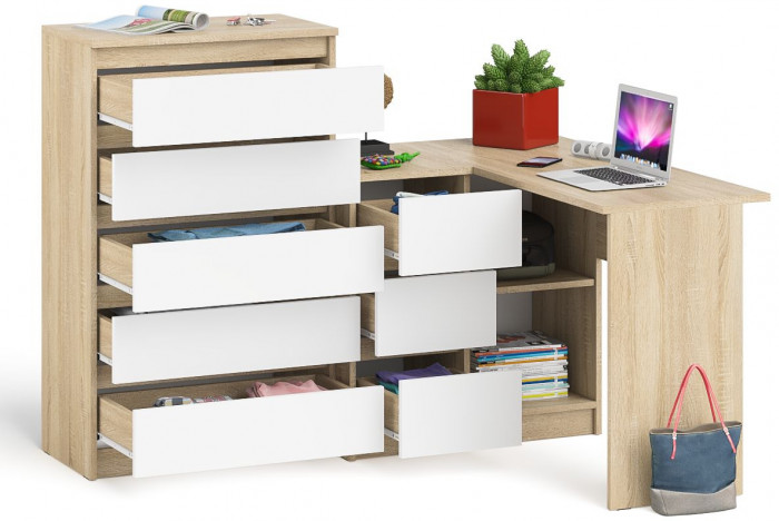 Мори компьютерный стол МС-16 левый + Комод МК700.5, дуб сонома/белый