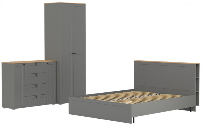 Остин 11.53 Кровать + ортопед + 13.336.02 Шкаф для одежды + 16.221 Комод, серый графит/дуб крафт золотой