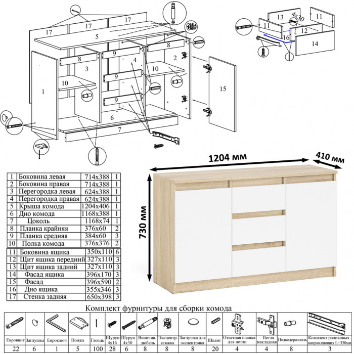 Мори Комод МК1200.3, цвет дуб сонома/белый, ШхГхВ 120,4х41х73 см.