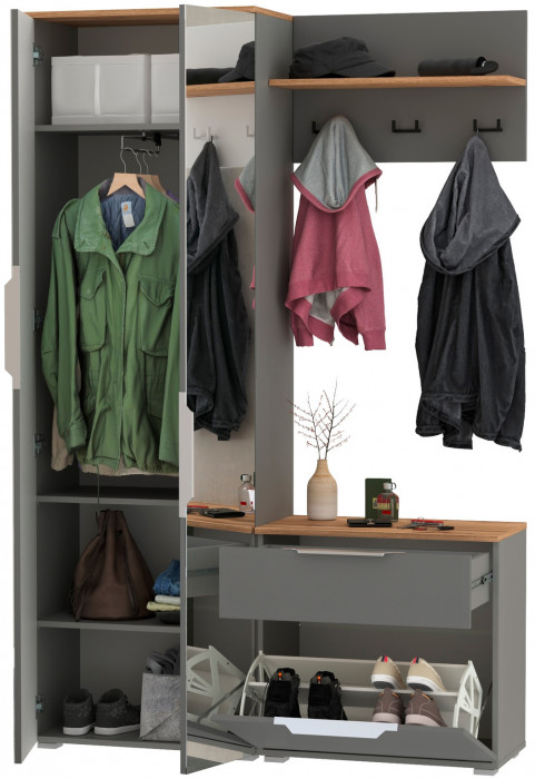 Октава Прихожая 10, цвет серый графит/дуб крафт золотой/фасады МДФ серый графит, ШхГхВ 129,3х35,4х197,6 см., универсальная сборка