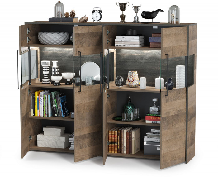 Трувор 13.306 Комод с витриной + 13.306 Комод с витриной, цвет дуб гранж песочный/интра, ШхГхВ 171,6х37х135,3 см., есть светодиодная подсветка