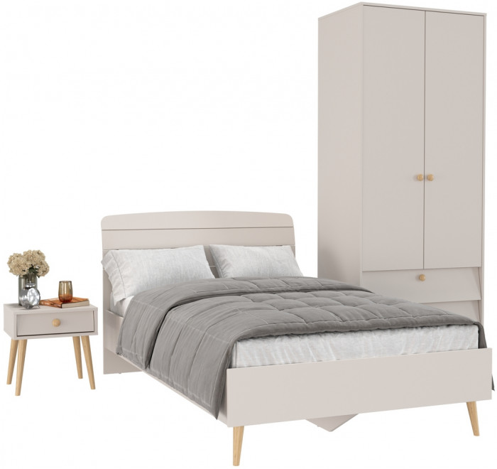 Афина Спальня Кровать 1200 + Шкаф 2-х дверный + Тумба, цвет кашемир серый, 123,6х210,2х95,7 + 90,3х56,3х220 + 45х37х45 см., 1200х2000, б/м, осн. есть