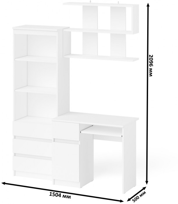 Мори компьютерный стол МС-1 левый + Стеллаж МСТ600.3 + Полка 900, белый