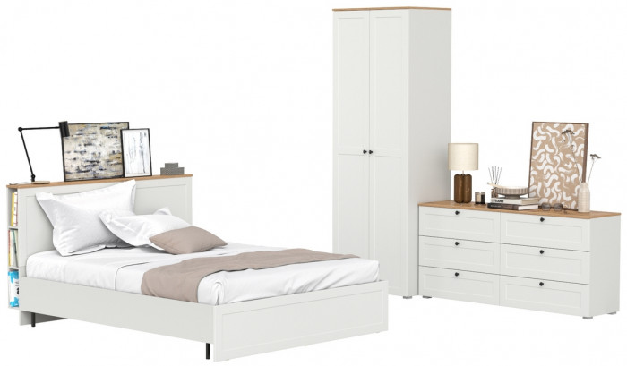 Остин 11.53 Кровать + ортопед + 13.336.02 Шкаф для одежды + 16.240 Комод, белый шагрень/дуб крафт золотой