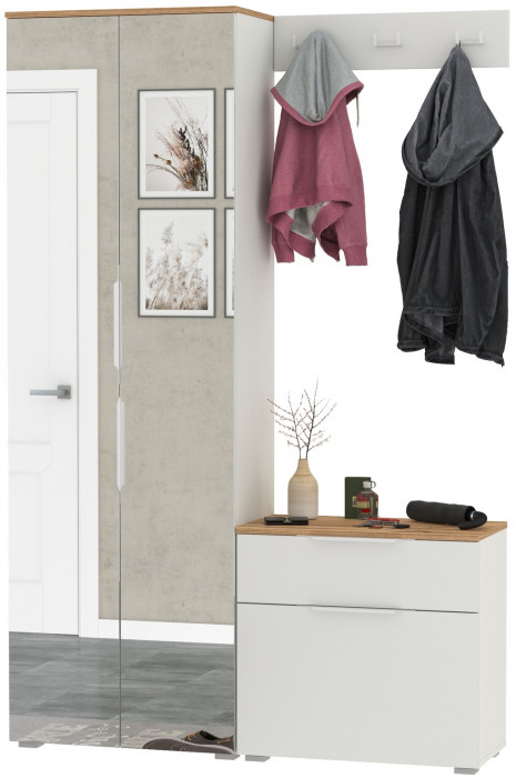 Октава Прихожая 11, цвет белый шагрень/дуб крафт золотой/фасады МДФ белый шагрень, ШхГхВ 129,3х35,4х197,6 см., универсальная сборка