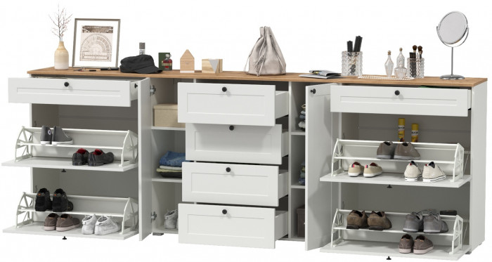 Остин 16.221 Комод + 16.121 Тумба для обуви + 16.121 Тумба для обуви, цвет белый шагрень/дуб крафт золотой, ШхГхВ 280х41,9х99,3 см., ун. сборка