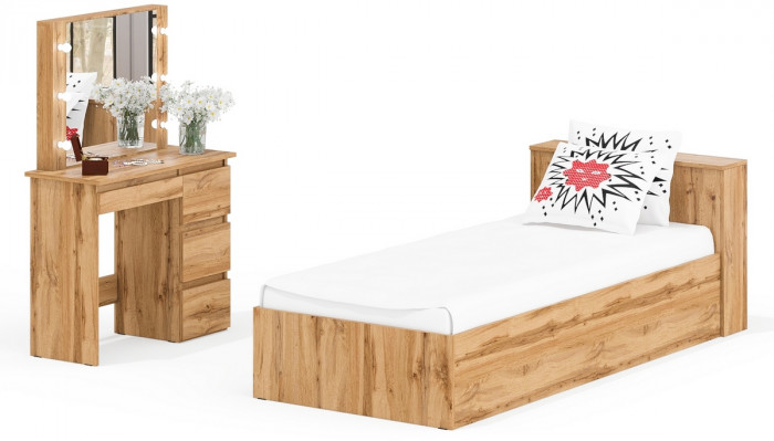 Ксения Кровать с ящиками 0900 + Стол косметический с подсветкой Сура, дуб вотан
