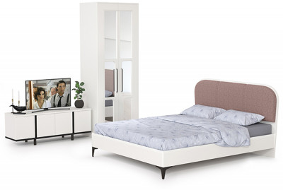 Валенсия Спальня № 26, цвет ЛДСП белый шагрень/чёрный/МДФ белый шагрень/ткань велутто 19, ортопед есть, сп. м. 1600х2000 мм., б/м