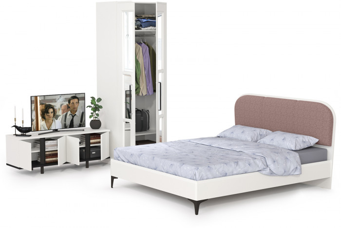 Валенсия Спальня № 26, цвет ЛДСП белый шагрень/чёрный/МДФ белый шагрень/ткань велутто 19, ортопед есть, сп. м. 1600х2000 мм., б/м