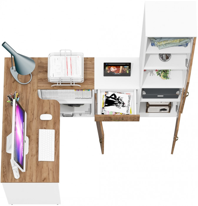 Лидер-8 Стол + Тумба МД 3.15 + Пенал, цвет белый шагрень/крафт золото, ШхГхВ 245х50/30х75/190 см. или 115х50/160х75/190 см., НЕ универсальная сборка