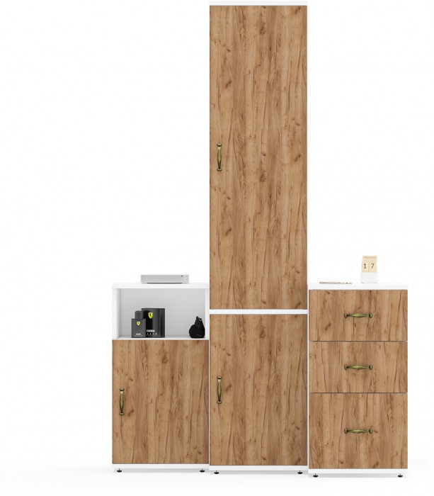 Лидер-8 Пенал МД 21Б + Тумба МД 3.16 + Тумба МД 3.19, цвет белый шагрень/крафт золото, ШхГхВ 120х50х190 см., универсальная сборка