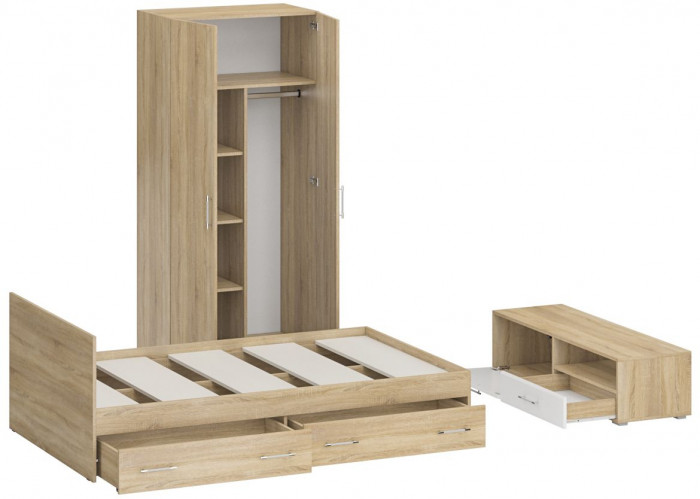 Спальня Стандарт 3-1200Я, дуб сонома/фасады ТВ тумбы МДФ белый глянец
