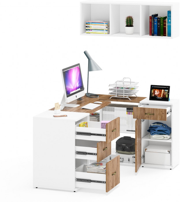 Лидер-8 Стол + Полка + Тумба МД 3.15 + Тумба МД 3.16, цвет белый шагрень/крафт золото, ШхГхВ 245х50/30х75/190 или 155х120/50х75/190 с, НЕ универс. сб.