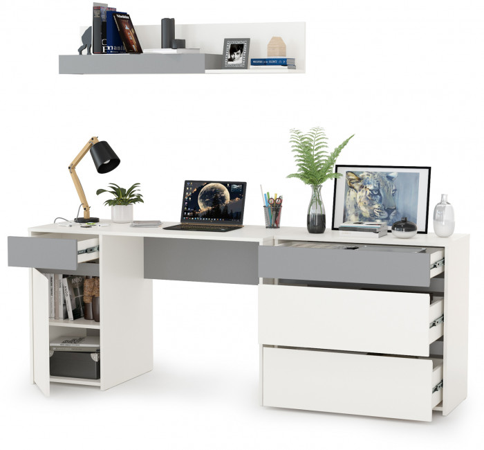 Торонто 12.149 Стол + 13.321 Комод + 16.475 Полка, цвет белый шагрень/стальной серый, ШхГхВ 200х53,1х150 см., универсальная сборка