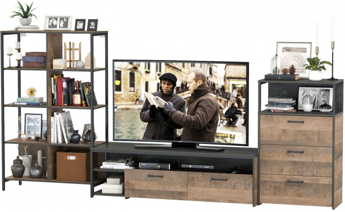 Трувор Гостиная 086, цвет дуб гранж песочный/интра, ШхГхВ 305,8х45,4х146 см., универсальная сборка