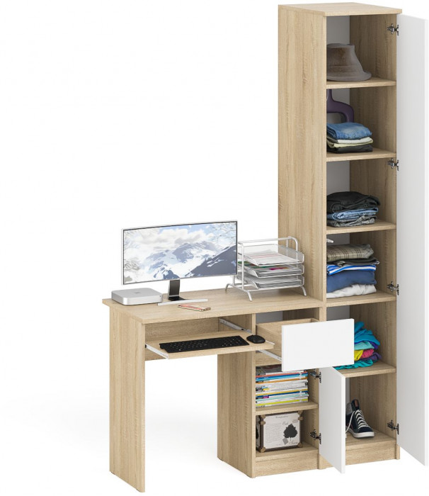 Мори компьютерный стол МС-1 правый + Пенал МШ400.1, дуб сонома/белый