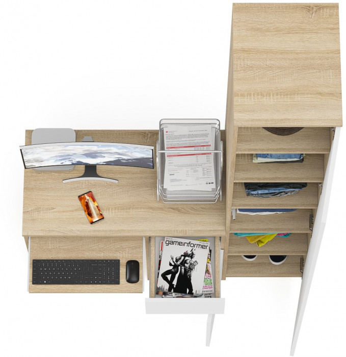 Мори компьютерный стол МС-1 правый + Пенал МШ400.1, дуб сонома/белый