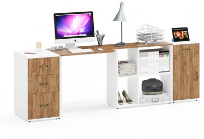 Лидер-8 Стол + Тумба МД 3.15 + Тумба МД 3.16, цвет белый шагрень/крафт золото, ШхГхВ 245х50/30х75 см. или 115х50/160х75 см., НЕ универсальная сборка