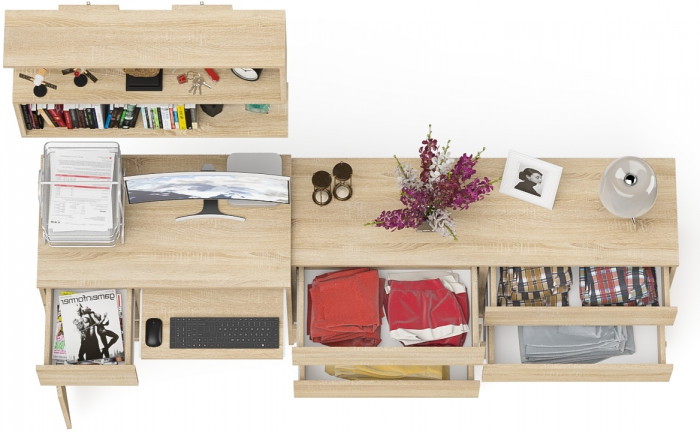 Мори Стол компьютерный МС-1 левый + Комод МК1380.6 + Полка 900, цвет дуб сонома, ШхГхВ 228х50х209,6 см., НЕ универсальная сборка