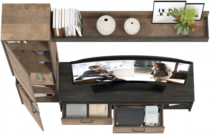 Трувор 13.70Тумба под ТВ +13.205 Шкаф-пенал с витриной +15.60 Полка, дуб гранж песочный/интра